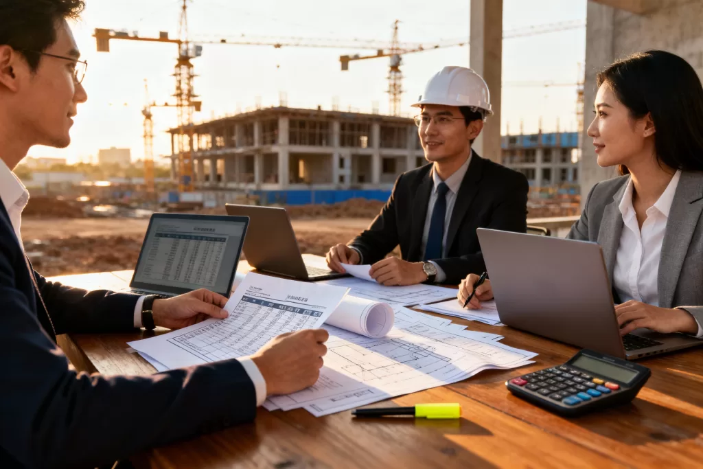 Profissionais da construção civil analisando créditos tributários e custos de incorporação.