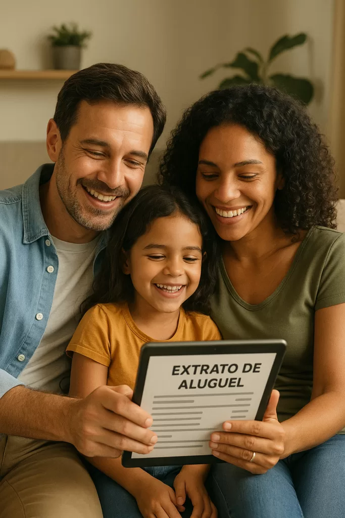 Família celebrando a renda passiva conquistada com imóveis de aluguel, cena acolhedora