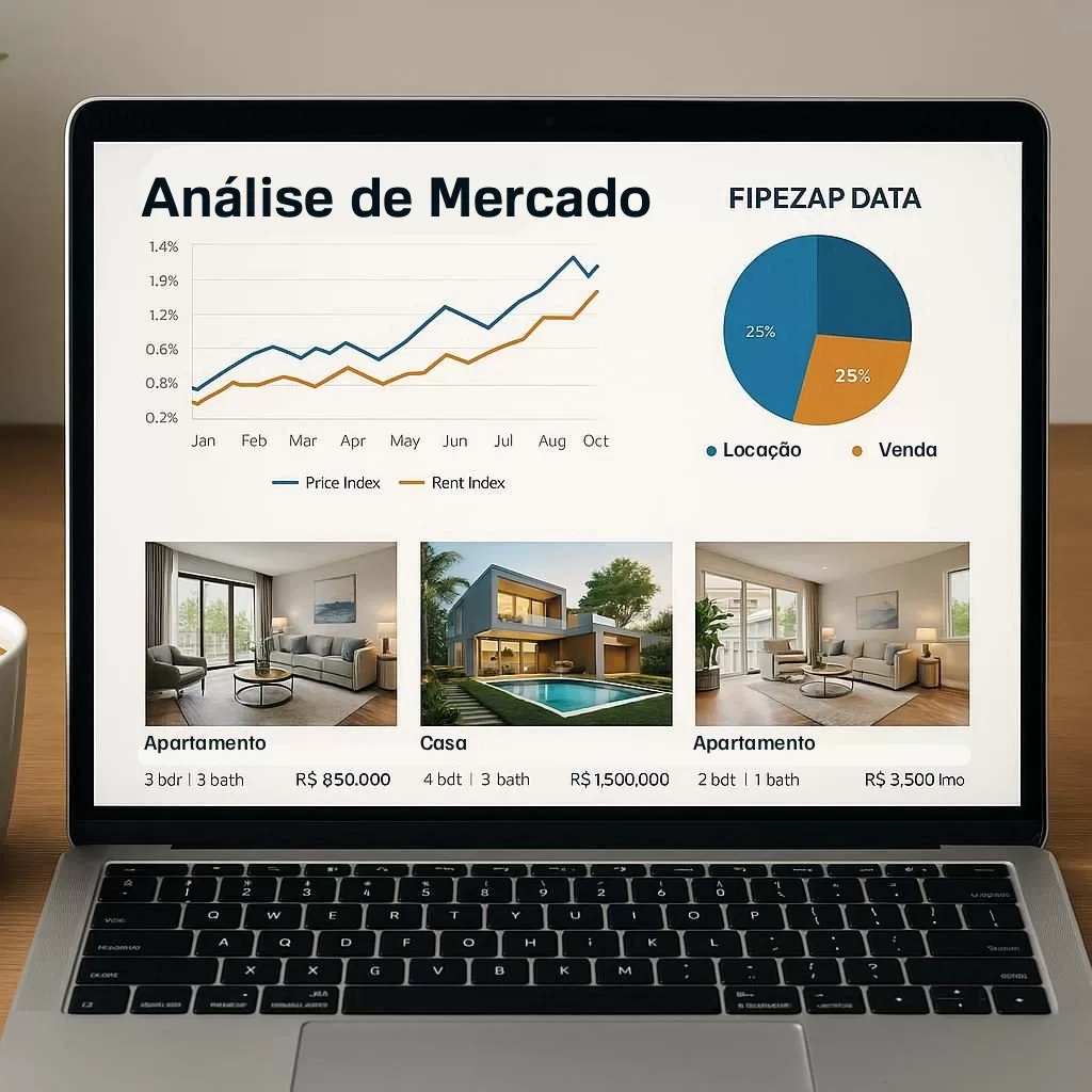 Computador mostrando gráficos de referência de mercado imobiliário