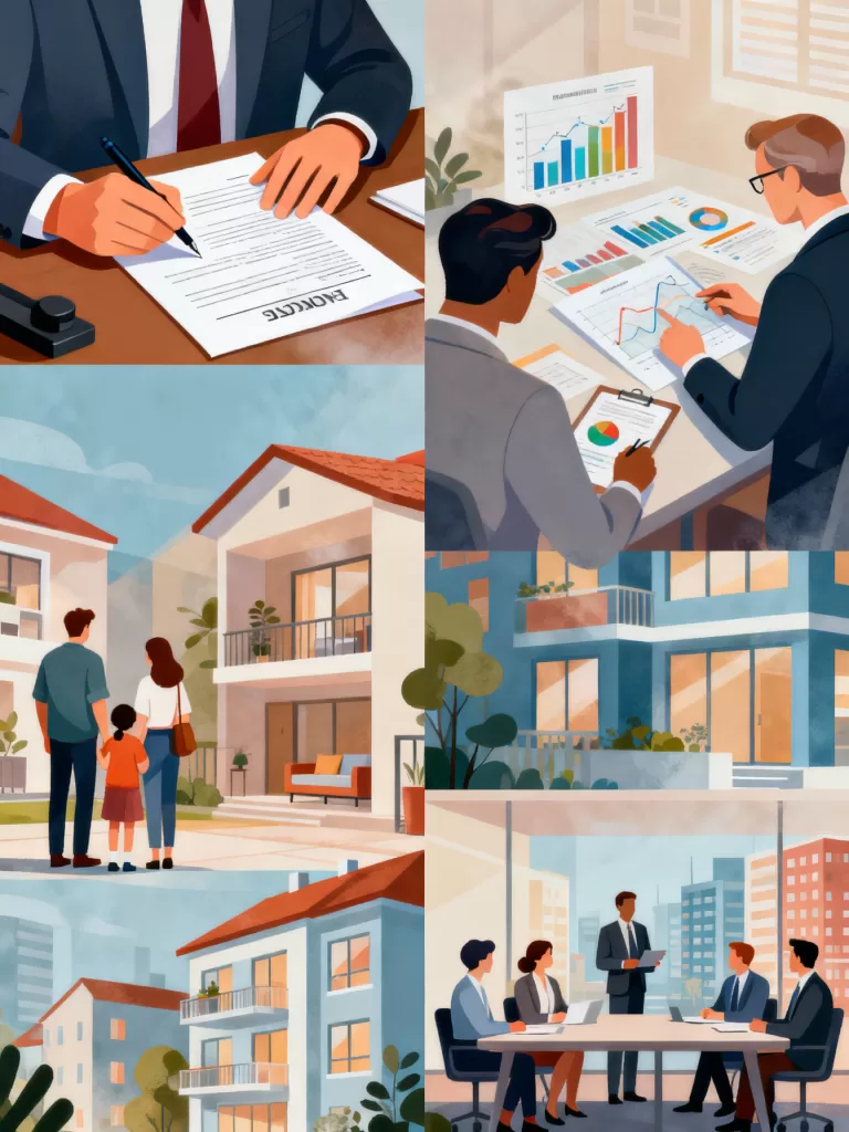 Diversos perfis do mercado imobiliário representados por pessoas analisando investimentos e contratos.