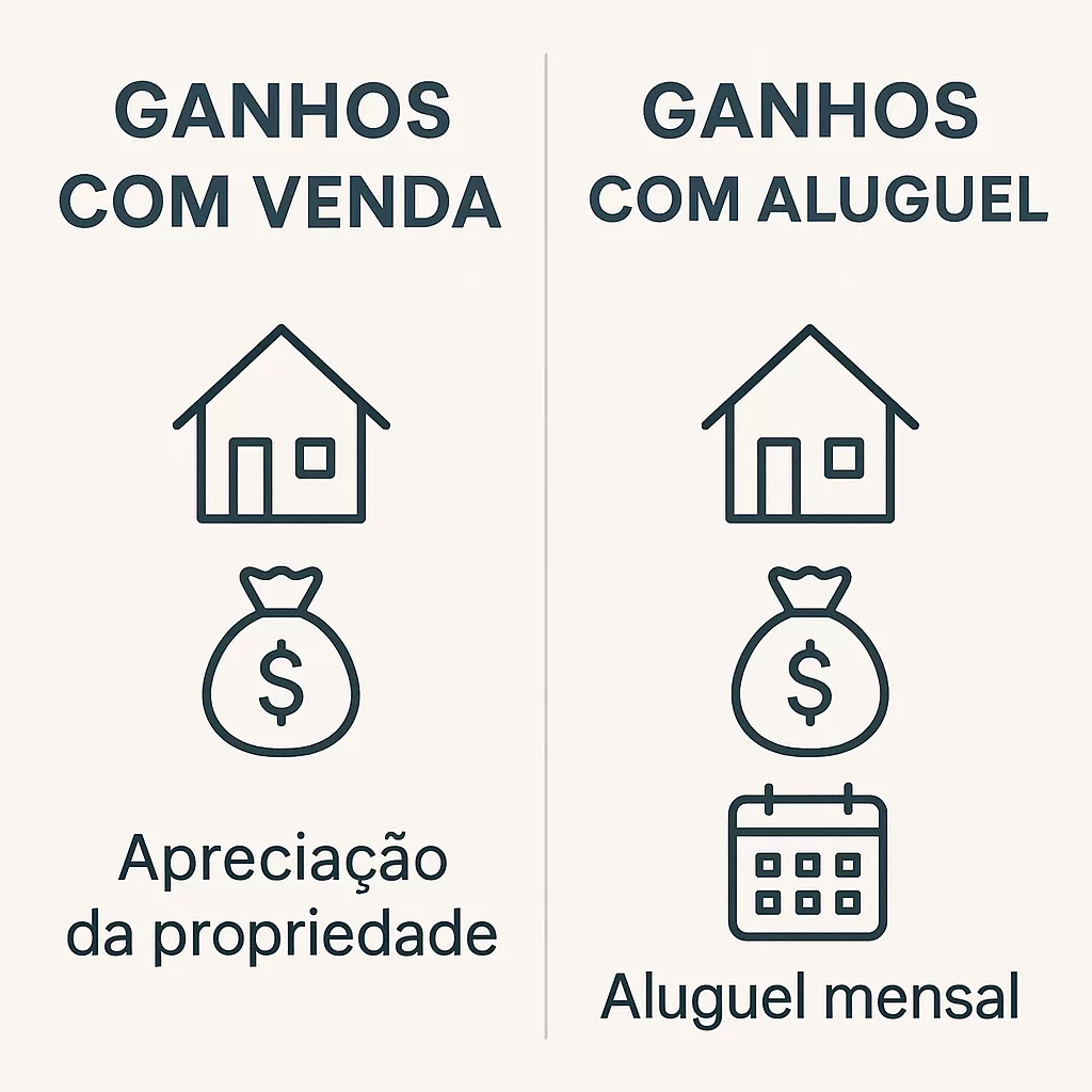 Tabela comparativa de ganhos entre aluguel e venda de imóvel, visual simples e direto