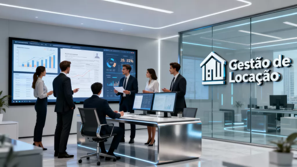 Representação de uma empresa de locação de imóveis com equipe analisando contratos e tributos.