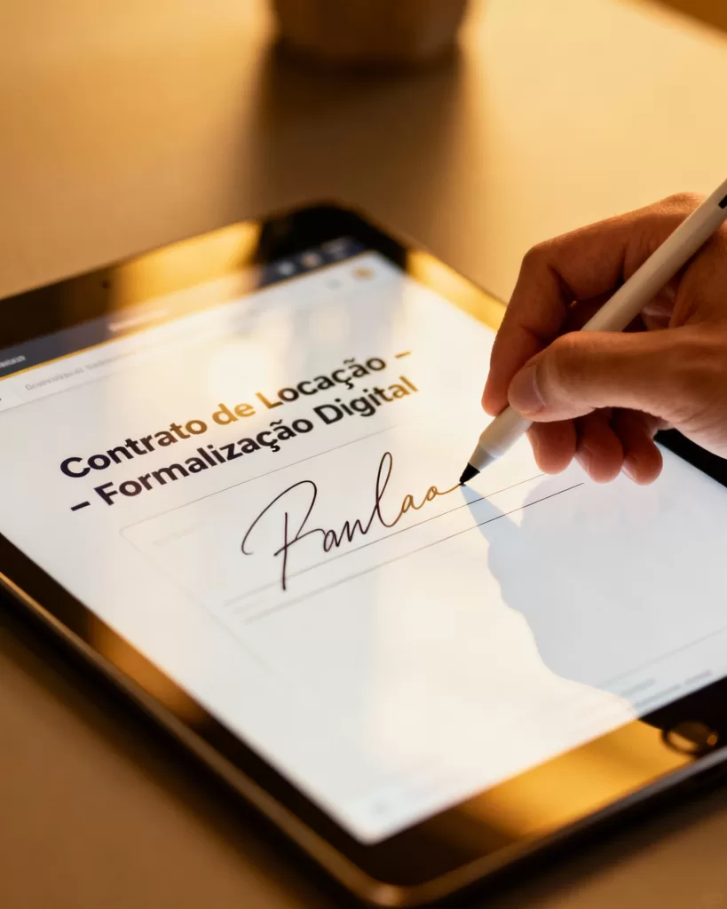 Assinatura digital de contrato de aluguel formalizado, simbolizando segurança e transparência.