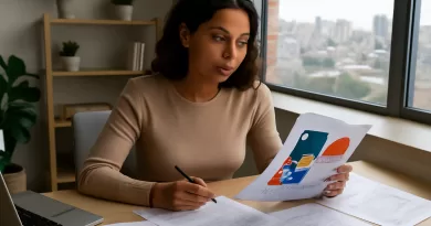 Investidora brasileira analisando gráficos, planilhas e documentos para decidir entre manter o imóvel alugado ou vender