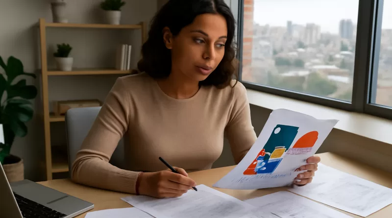 Investidora brasileira analisando gráficos, planilhas e documentos para decidir entre manter o imóvel alugado ou vender
