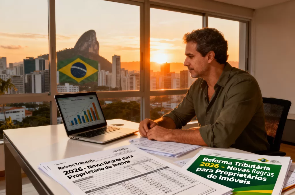 Proprietário analisando documentos fiscais e imobiliários diante de uma cidade moderna, simbolizando a reforma tributária de 2026.