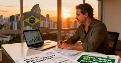 Proprietário analisando documentos fiscais e imobiliários diante de uma cidade moderna, simbolizando a reforma tributária de 2026.