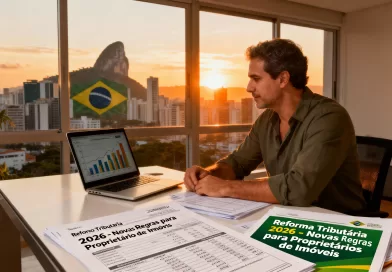 Proprietário analisando documentos fiscais e imobiliários diante de uma cidade moderna, simbolizando a reforma tributária de 2026.