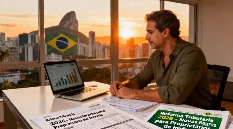 Proprietário analisando documentos fiscais e imobiliários diante de uma cidade moderna, simbolizando a reforma tributária de 2026.