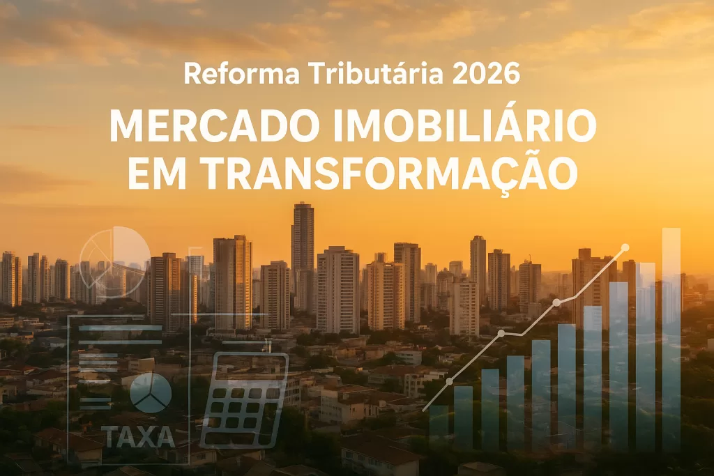 Reforma tributária e seu impacto no mercado imobiliário em 2026, mostrando cidade moderna, prédios comerciais e gráficos econômicos.