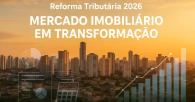 Reforma tributária e seu impacto no mercado imobiliário em 2026, mostrando cidade moderna, prédios comerciais e gráficos econômicos.