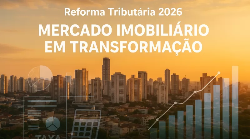 Reforma tributária e seu impacto no mercado imobiliário em 2026, mostrando cidade moderna, prédios comerciais e gráficos econômicos.