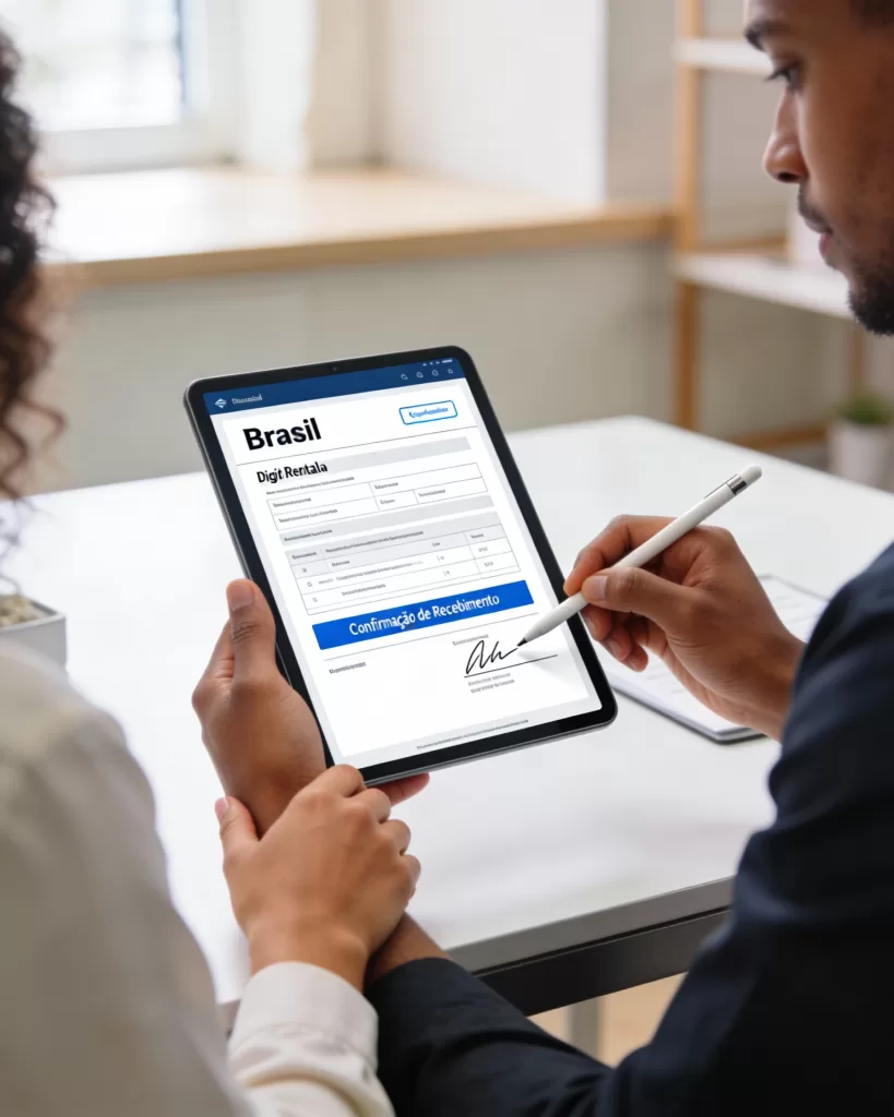 Assinatura de contrato de aluguel digital em ambiente moderno