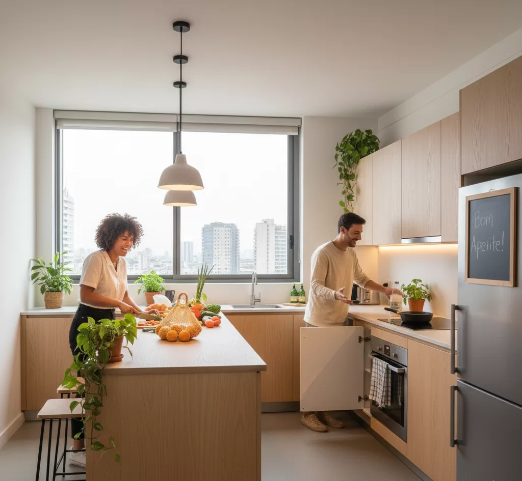 Jovens convivendo em um espaço compartilhado urbano e acolhedor.
