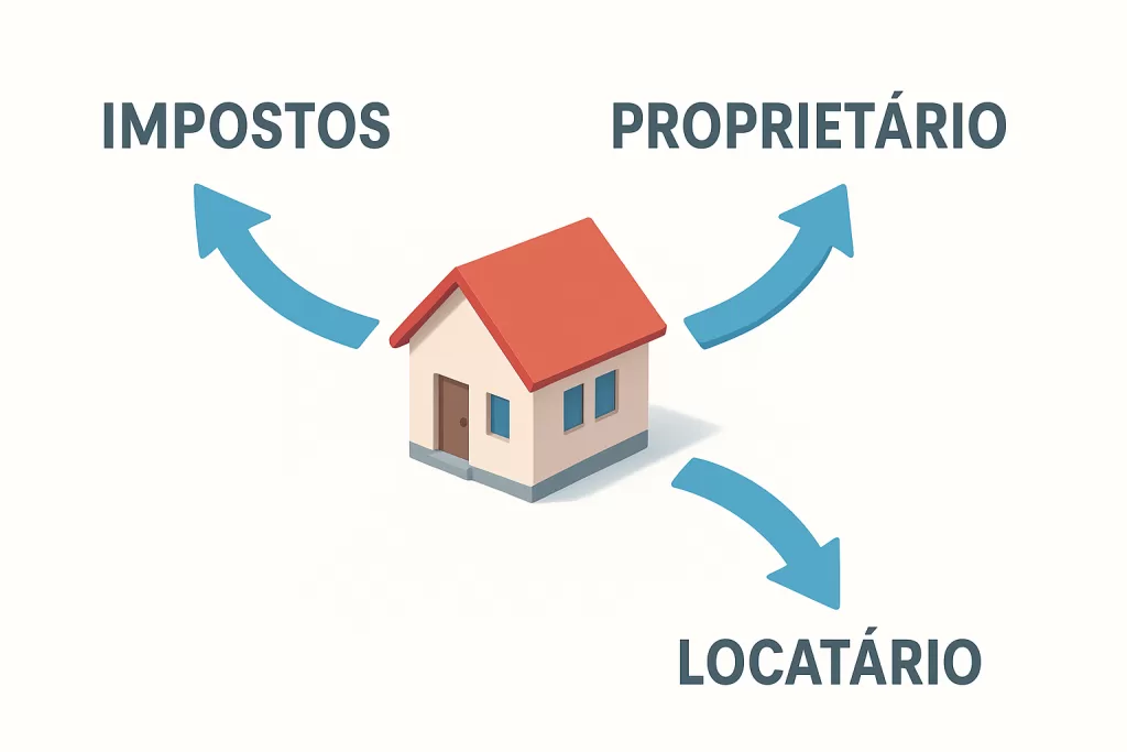 Representação visual do fluxo econômico que impacta o aluguel após impostos