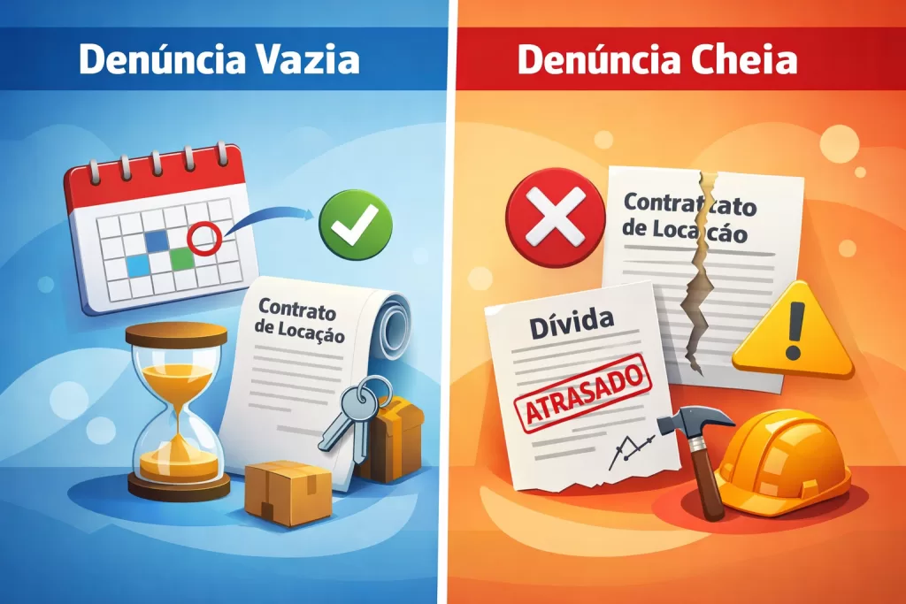 Comparação visual entre denúncia vazia e denúncia cheia no aluguel residencial.