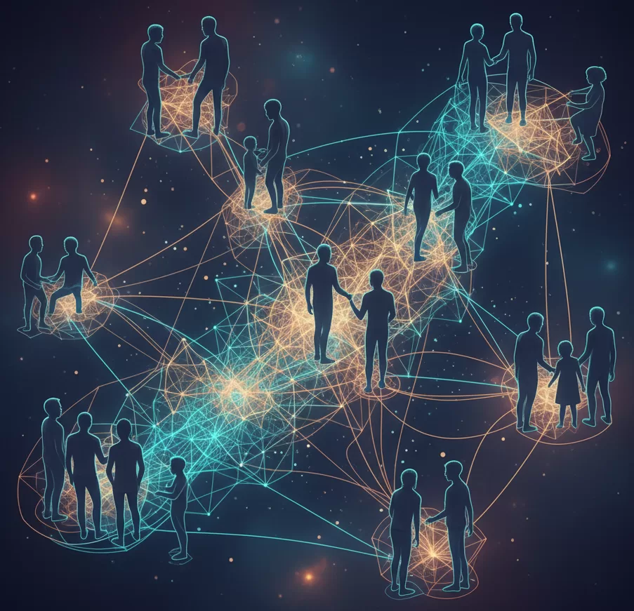 Arte digital representando networking e conexões dentro de moradias compartilhadas.