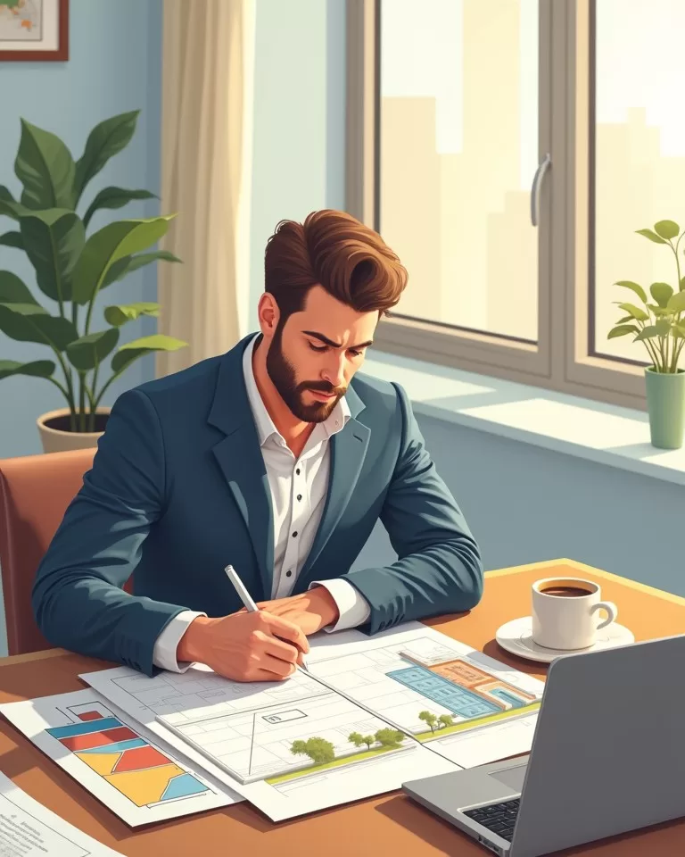 Proprietário analisando contrato e planejamento de locação imobiliária.