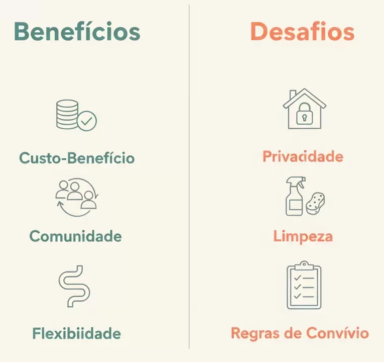abela ilustrada dos benefícios e desafios do coliving.