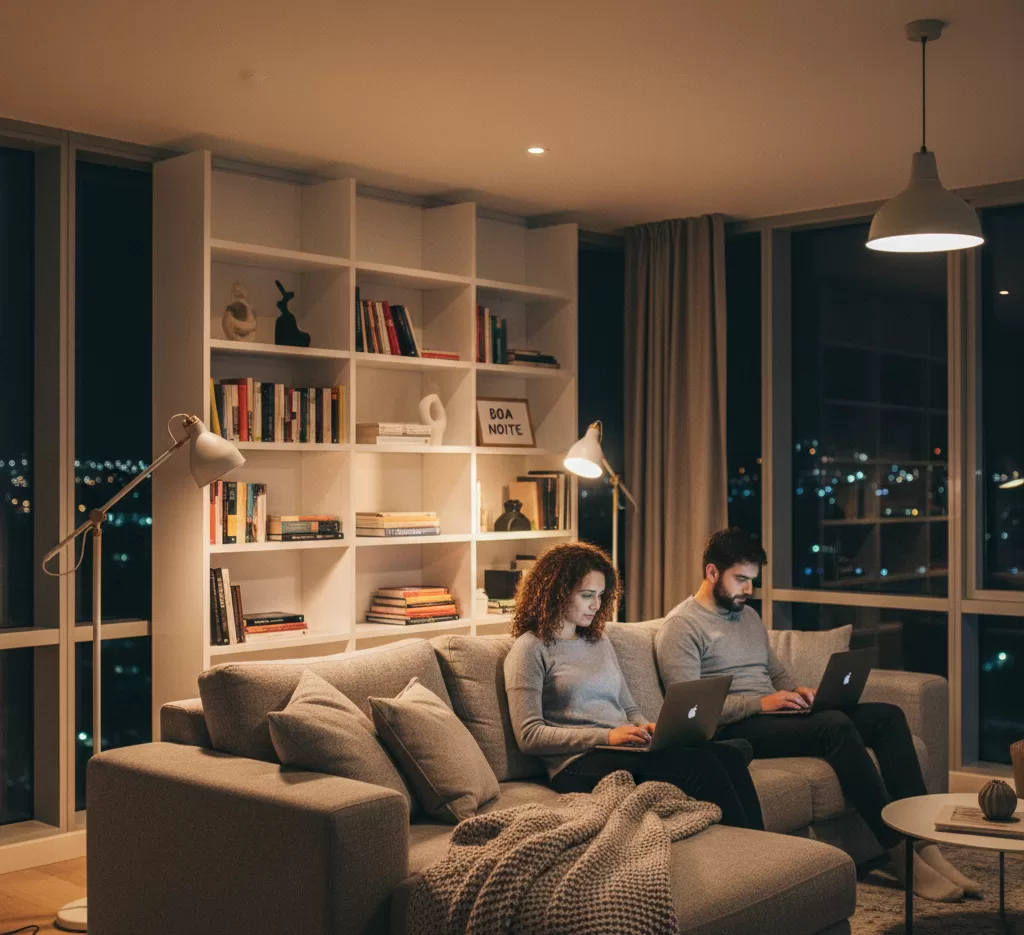 Ambiente noturno moderno em coliving com iluminação aconchegante.
