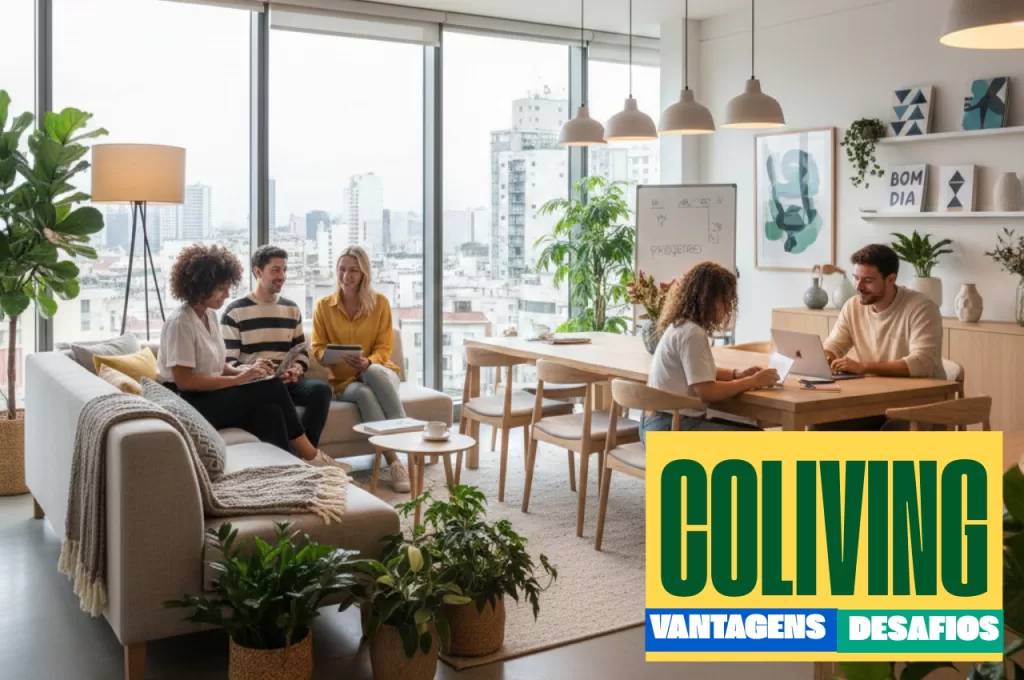Ambiente moderno de coliving com jovens interagindo em área comum aconchegante