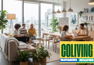 Ambiente moderno de coliving com jovens interagindo em área comum aconchegante