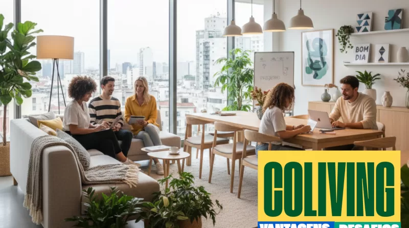 Ambiente moderno de coliving com jovens interagindo em área comum aconchegante