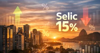 Cenário econômico brasileiro com Selic a 15%, simbolizando estabilidade e planejamento financeiro para 2026