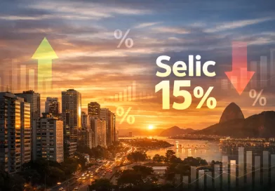 Cenário econômico brasileiro com Selic a 15%, simbolizando estabilidade e planejamento financeiro para 2026