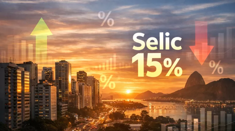 Cenário econômico brasileiro com Selic a 15%, simbolizando estabilidade e planejamento financeiro para 2026