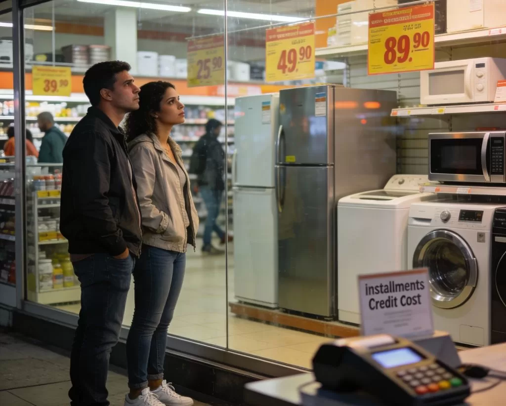 Família brasileira avaliando compras com cautela em cenário de juros altos e crédito restrito.