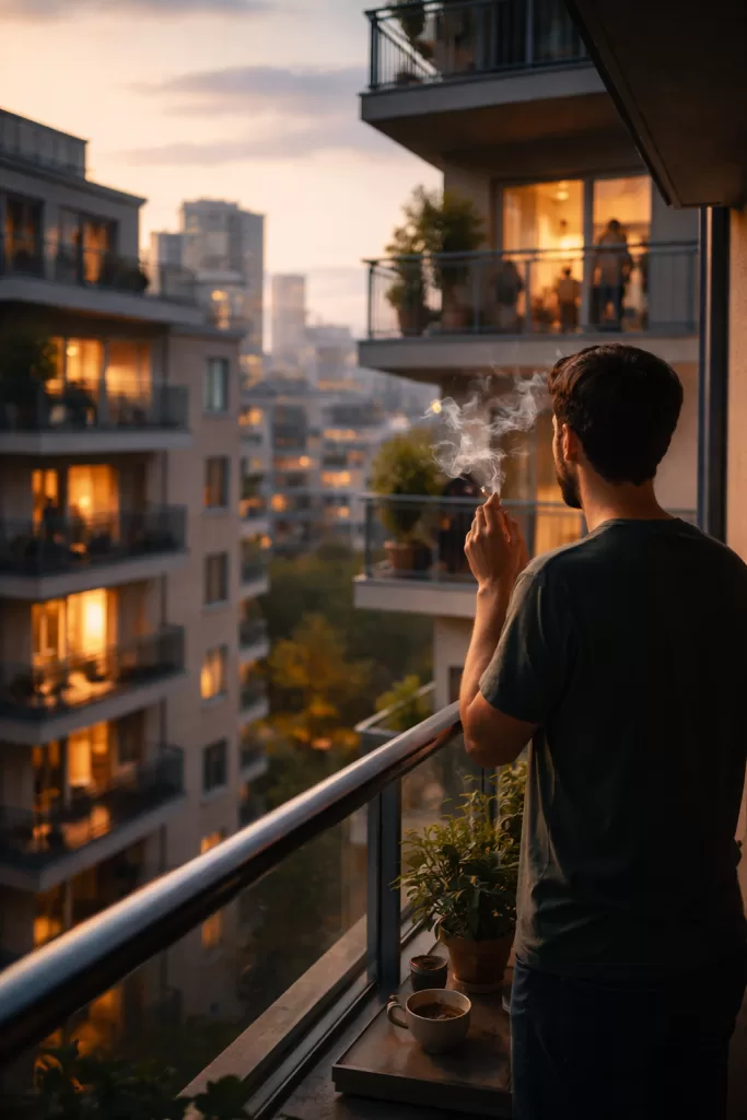 Morador fumando na sacada de apartamento em condomínio