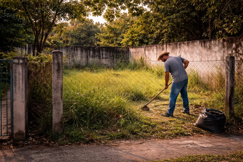 Homem limpando terreno no fim da tarde