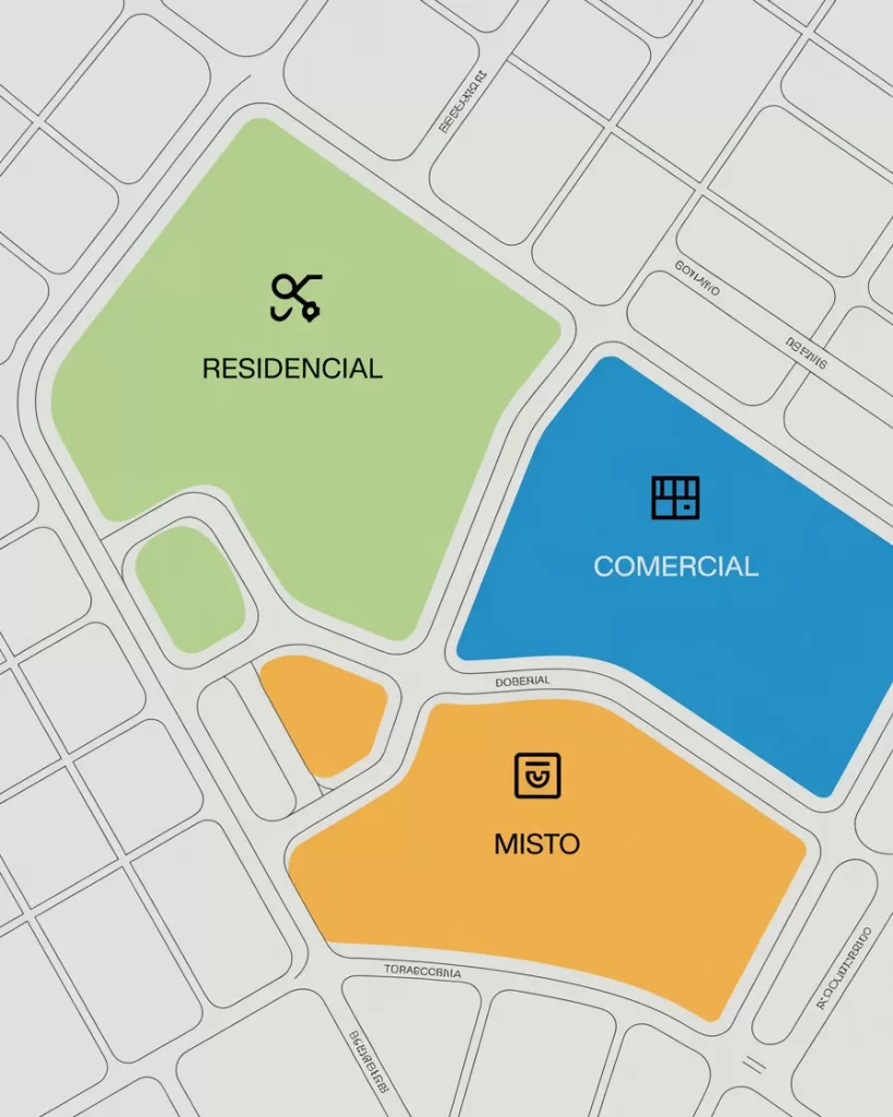 Ilustração de mapa urbano com zonas residenciais e comerciais