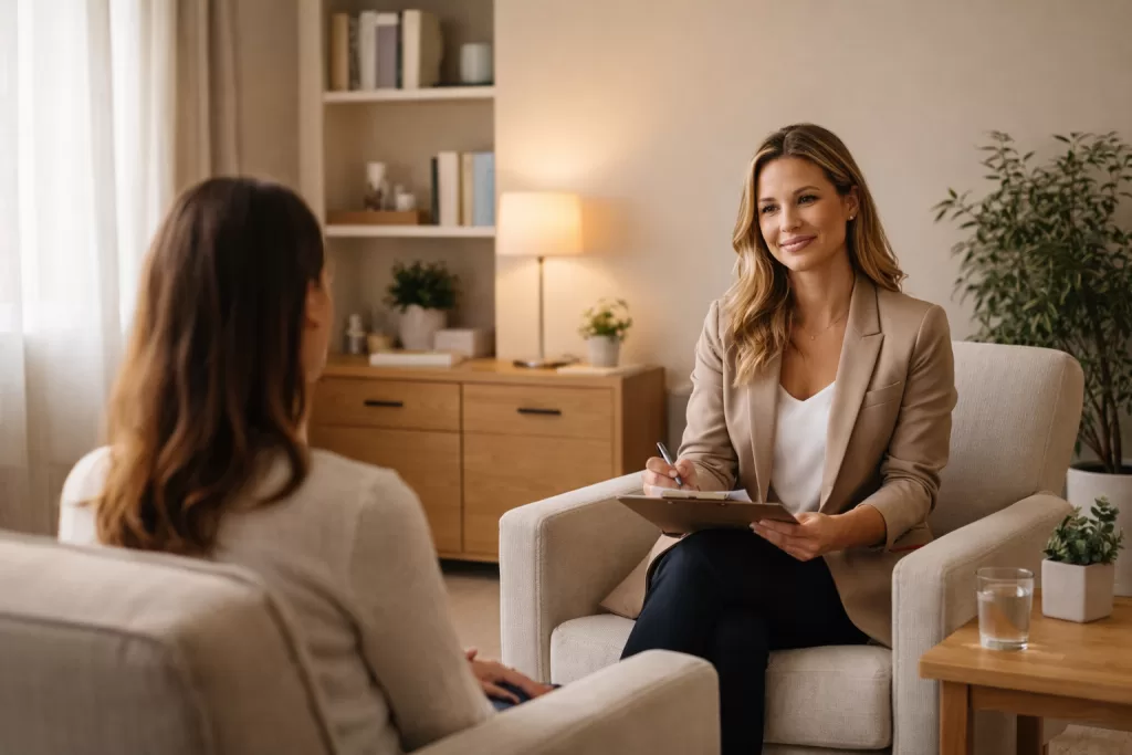 Profissional atendendo cliente em consultório tranquilo