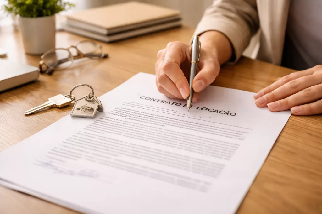Contrato de locação sendo assinado com atenção aos detalhes