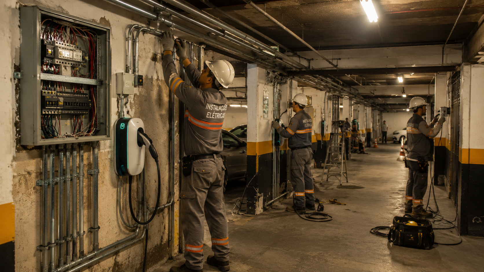 Garagem antiga de condomínio passando por adaptação elétrica para carregadores veiculares.