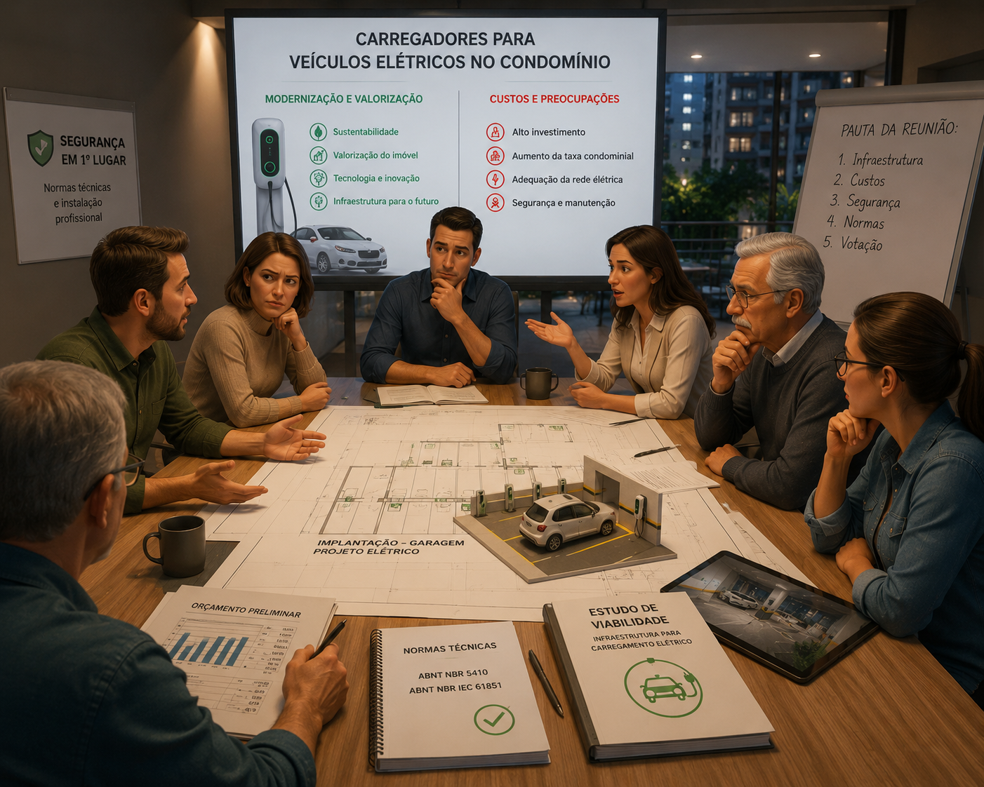 Discussão em assembleia de condomínio sobre instalação de carregadores elétricos.