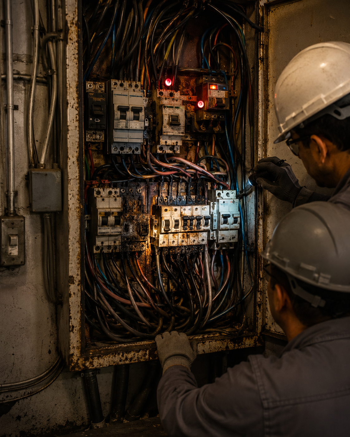 Painel elétrico sobrecarregado em condomínio residencial antigo.