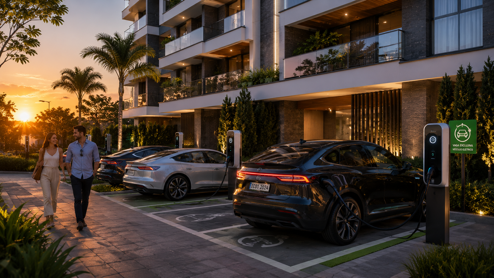 Condomínio moderno valorizado por infraestrutura sustentável para carros elétricos.