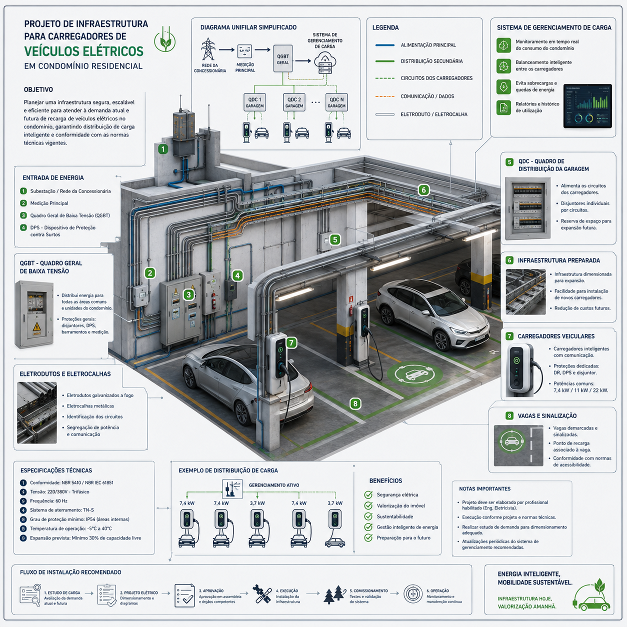 Projeto técnico de infraestrutura elétrica para carregadores em condomínio.