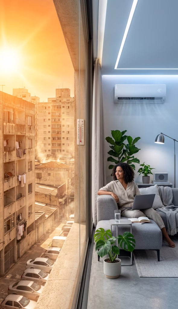 Contraste entre o calor externo e o ambiente climatizado de um apartamento